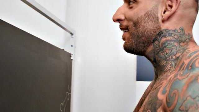 Toilet gloryhole gay with tattoos barebacked in 3some