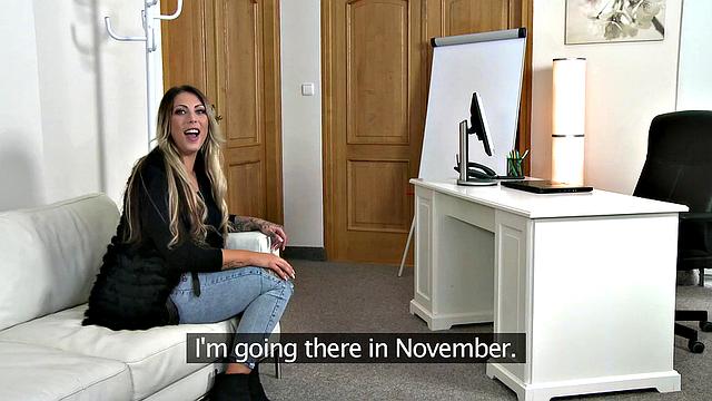 German cutie gets a cumload in her mouth during her casting couch audition