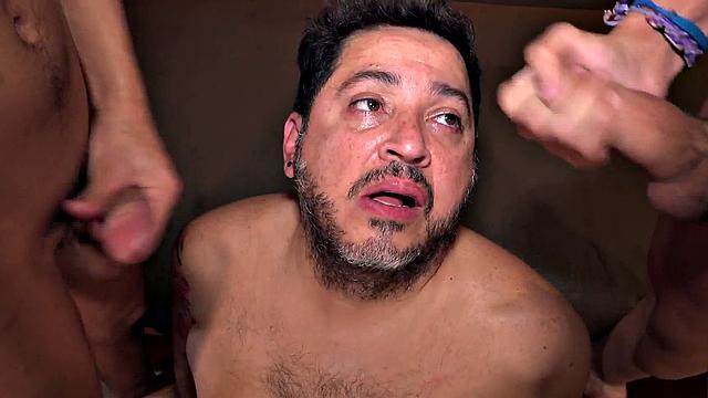 Slim Latinos cocksucking and playing with bulky DILF