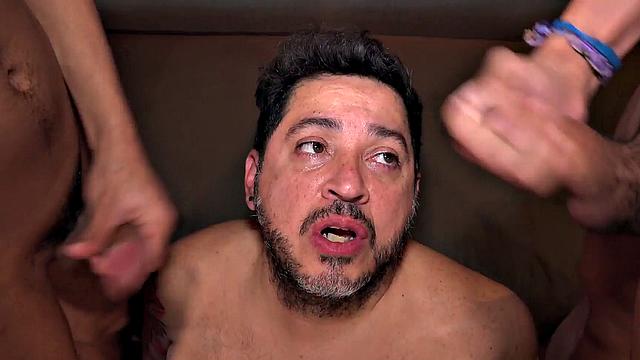 Slim Latinos cocksucking and playing with bulky DILF