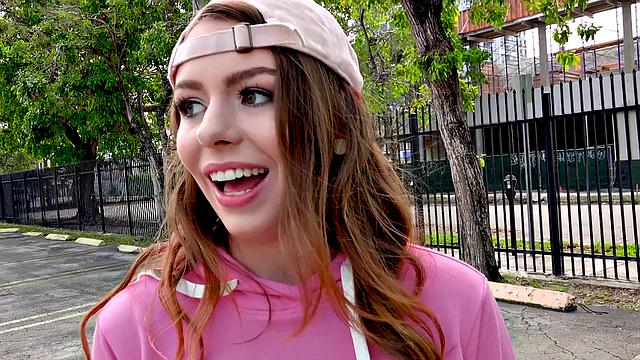 Redhead teen enjoys public dick and small tits