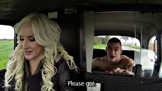 Blonde bombshell with huge tits goes wild on her passenger's hard rod