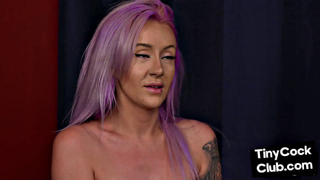 Busty domina with tattoos wanks pathetic dick