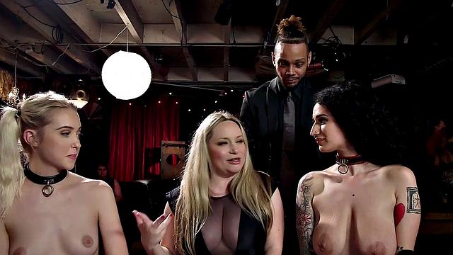 Horny blonde in stockings & bodysuit enjoys public group sex with Hitachi, Sybian & more