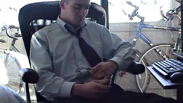 Just home from work, Darrell loads some porn on his computer. He works up a bulge, before exposing his huge cock through the fly. After the shirt comes off, we see an awesome gym build on this straight boy.