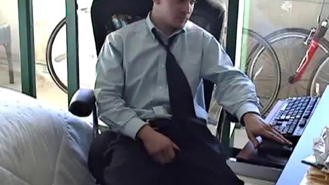 Just home from work, Darrell loads some porn on his computer. He works up a bulge, before exposing his huge cock through the fly. After the shirt comes off, we see an awesome gym build on this straight boy.