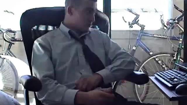 Just home from work, Darrell loads some porn on his computer. He works up a bulge, before exposing his huge cock through the fly. After the shirt comes off, we see an awesome gym build on this straight boy.