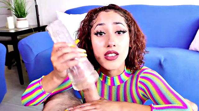 stunning amateur babe strokes lover's cock