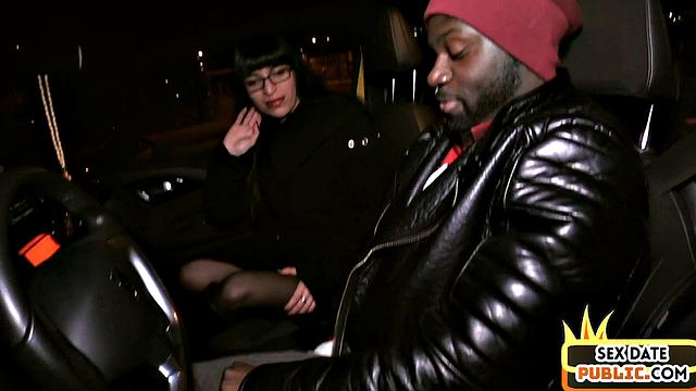 Public interracial blowjob with slutty nerd