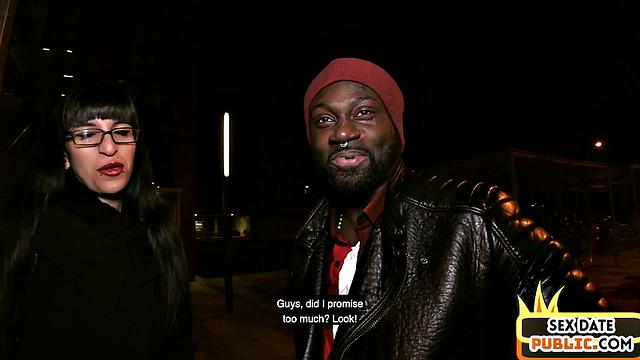 Public interracial blowjob with slutty nerd