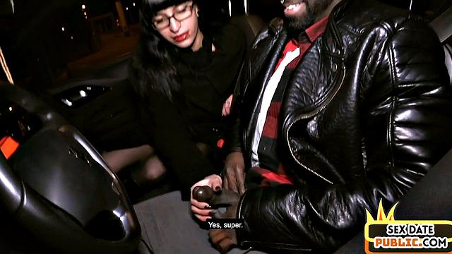 Public interracial blowjob with slutty nerd