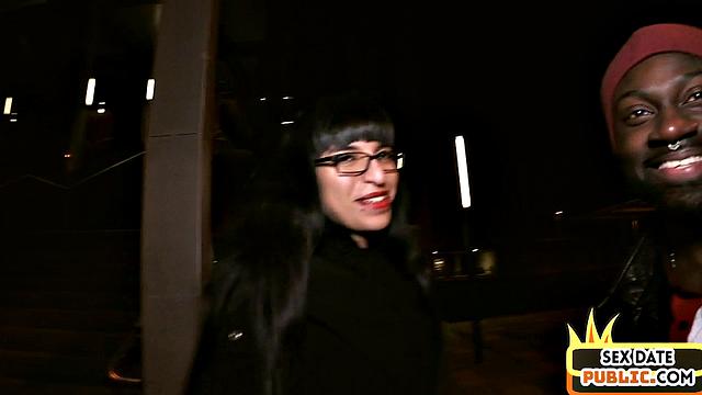 Public interracial blowjob with slutty nerd