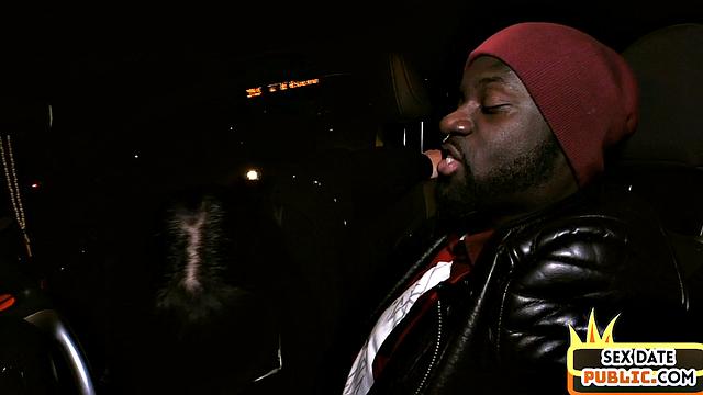 Public interracial blowjob with slutty nerd