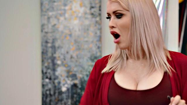 Short guy fucks busty MILF with big fake boobs