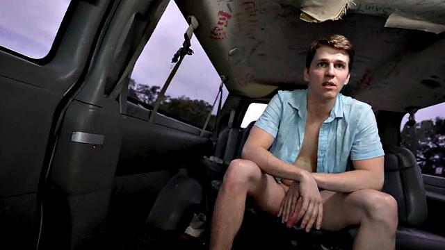 Straight amateur stud fucks gay in public van outdoors