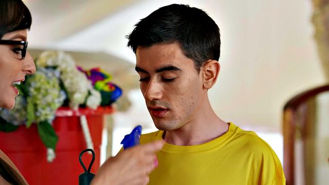 Big-titted brunette rides short guy before taking doggystyle pounding