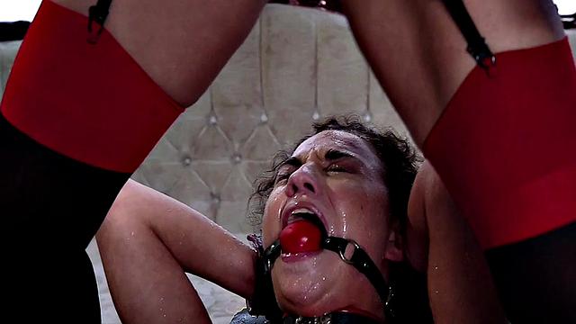 BDSM nympho babes in threesome fucked by nasty guy