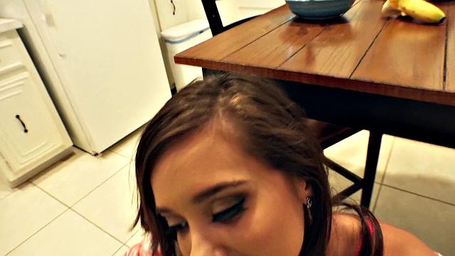 Almost caught! Watch this bad girl give in to temptation and suck a hard cock in the bedroom