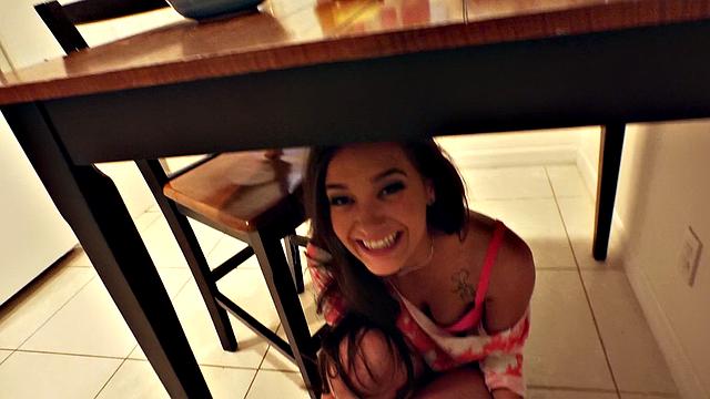 Almost caught! Watch this bad girl give in to temptation and suck a hard cock in the bedroom