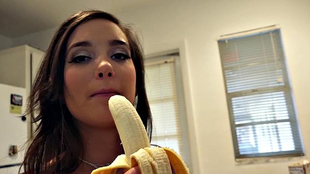 Almost caught! Watch this bad girl give in to temptation and suck a hard cock in the bedroom