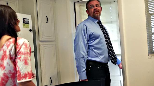 Almost caught! Watch this bad girl give in to temptation and suck a hard cock in the bedroom