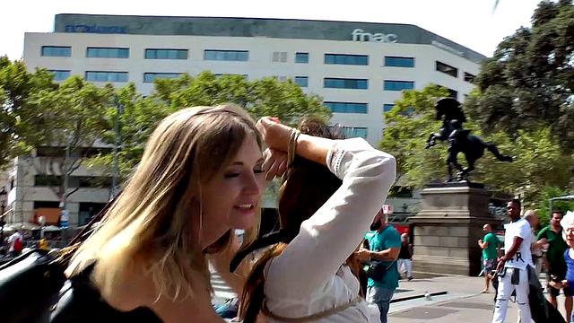 Brunette gets a public group fuck after giving head