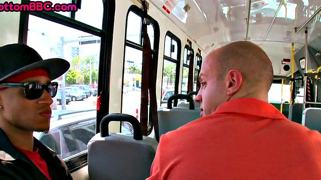 Black thug picked up to penetrate white bottom in public bus