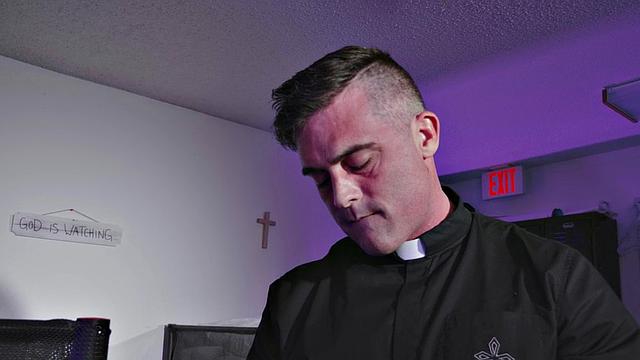 CFNM tattooed brunette gags on priest's big cock in uniform