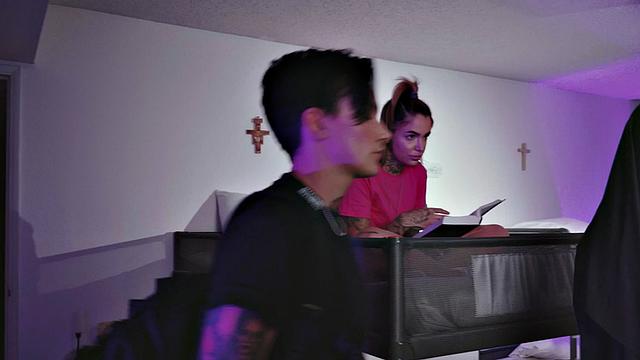 CFNM tattooed brunette gags on priest's big cock in uniform