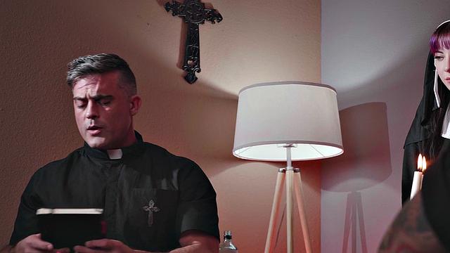 CFNM tattooed brunette gags on priest's big cock in uniform