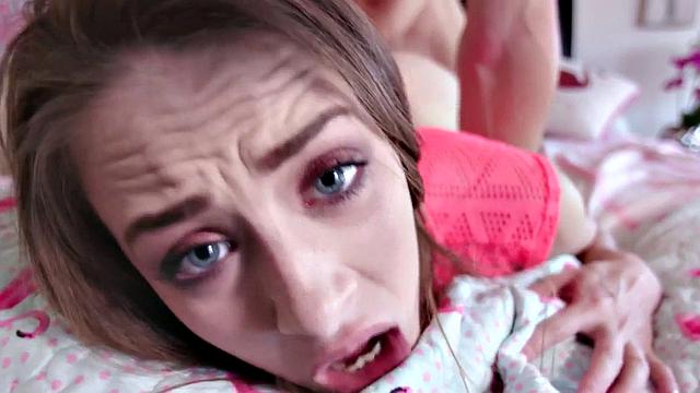 Naughty stepsister gets her tight pussy fingered in taboo threesome action