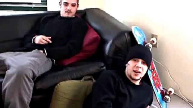 With skateboards nearby and a straight porn video playing, Bradley Shaw strokes his fat cock on the floor while Ryan Shaw is on the couch working up a stiffy.
