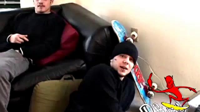 With skateboards nearby and a straight porn video playing, Bradley Shaw strokes his fat cock on the floor while Ryan Shaw is on the couch working up a stiffy.