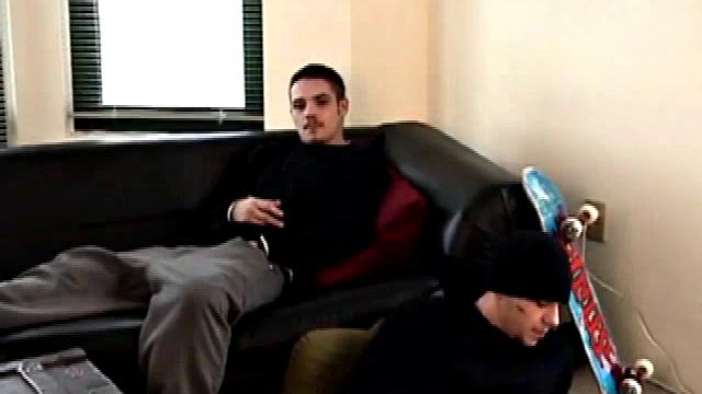 With skateboards nearby and a straight porn video playing, Bradley Shaw strokes his fat cock on the floor while Ryan Shaw is on the couch working up a stiffy.