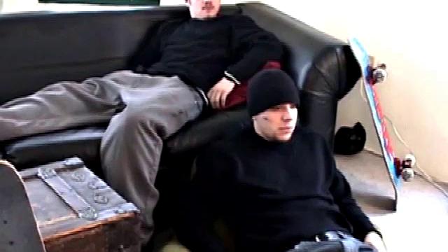 With skateboards nearby and a straight porn video playing, Bradley Shaw strokes his fat cock on the floor while Ryan Shaw is on the couch working up a stiffy.