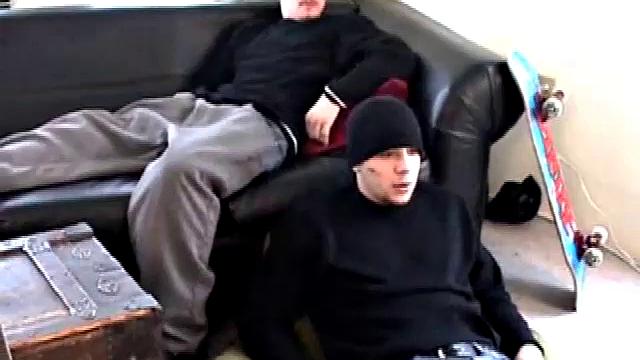 With skateboards nearby and a straight porn video playing, Bradley Shaw strokes his fat cock on the floor while Ryan Shaw is on the couch working up a stiffy.