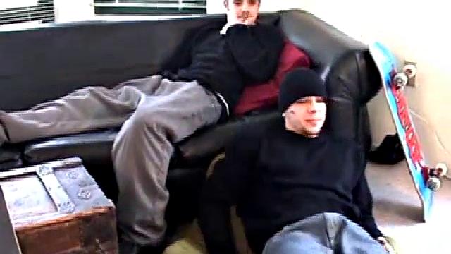 With skateboards nearby and a straight porn video playing, Bradley Shaw strokes his fat cock on the floor while Ryan Shaw is on the couch working up a stiffy.