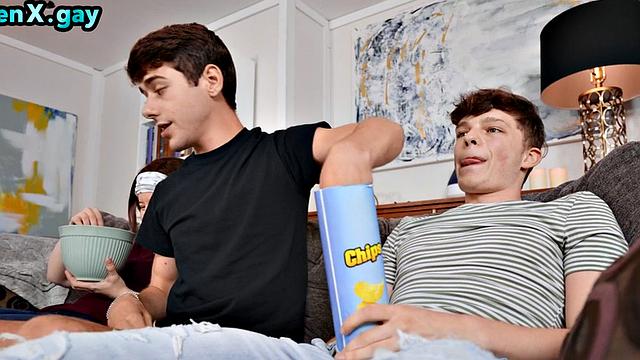 Skinny twink rimmed and barebacked by boyfriend on couch at home