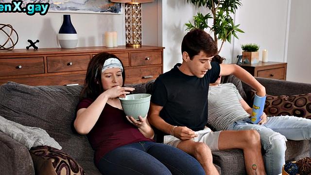 Skinny twink rimmed and barebacked by boyfriend on couch at home