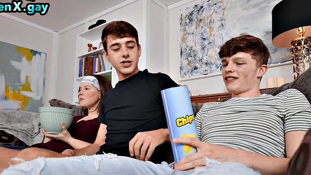 Skinny twink rimmed and barebacked by boyfriend on couch at home