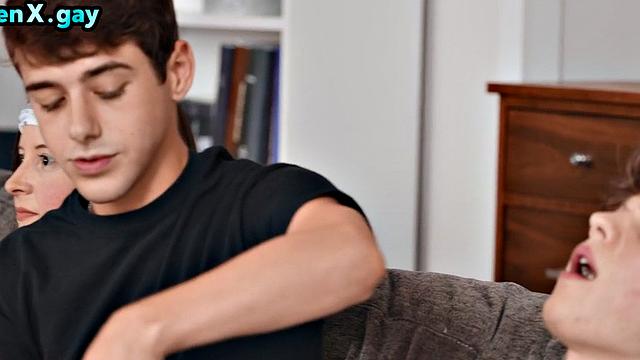 Skinny twink rimmed and barebacked by boyfriend on couch at home