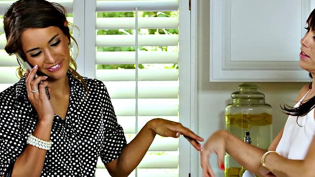 Brunette lesbians inked up and pleasuring each other's bald pussies in a work fantasy