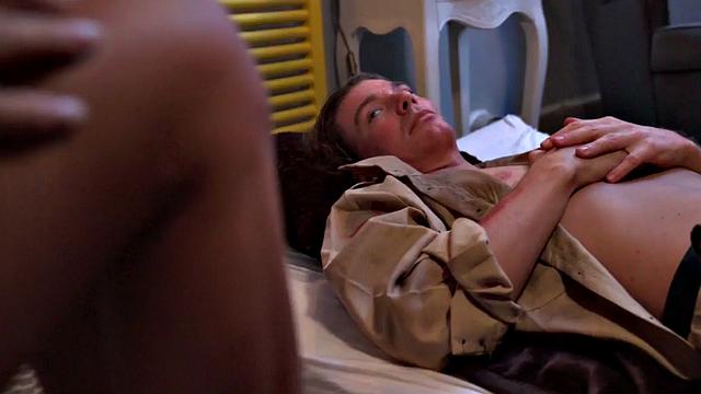 Big boobs babe rides and gets licked in hostel three-way