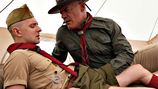 Newbie scout assfucked in doggystyle by DILF in tent