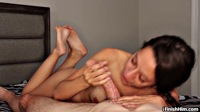 POV petite slut shows sucking skills while jerking