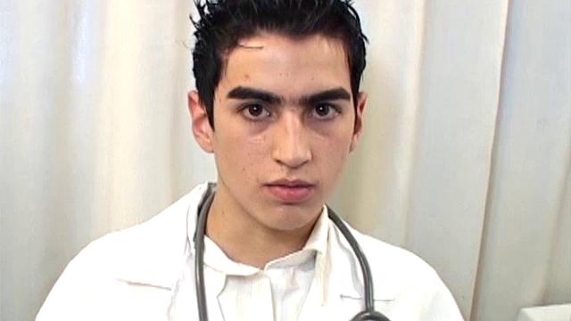 Young Latino Raul works at a doctor's office and finds himself alone and horny. So he hops on the exam table, strips off his clothes and gets a boner.