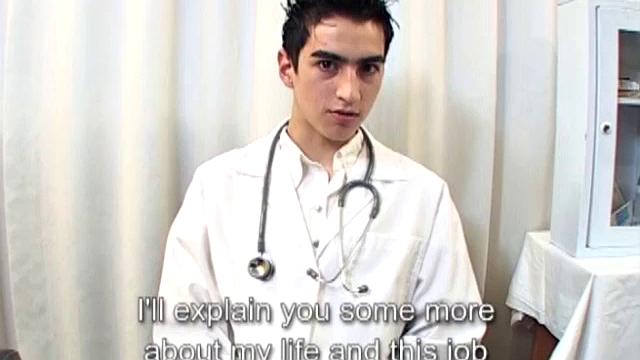 Young Latino Raul works at a doctor's office and finds himself alone and horny. So he hops on the exam table, strips off his clothes and gets a boner.