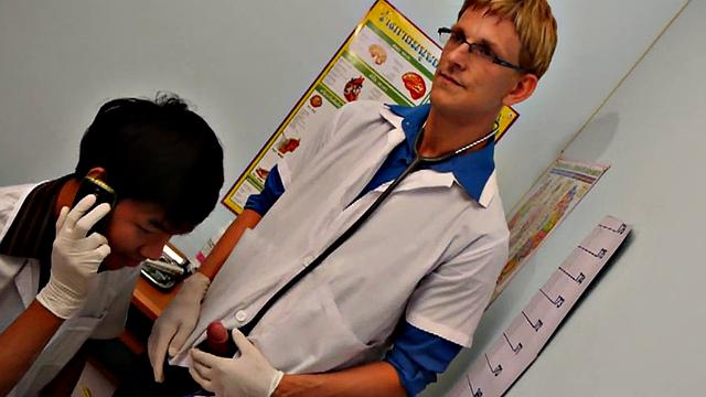 Asian college twink fucked in doctor 3way till cumshot