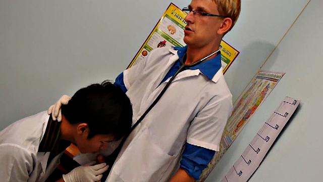 Asian college twink fucked in doctor 3way till cumshot