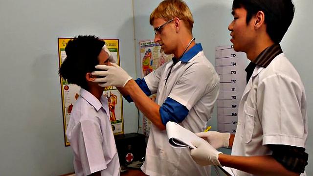 Asian college twink fucked in doctor 3way till cumshot